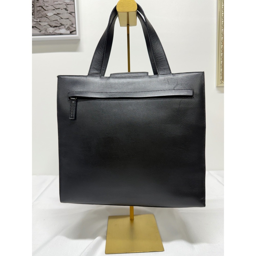 Gucci Vintage Black Leather Tote Bag Gold G Logo Hardware Square Handbag - Picture 8 of 14
